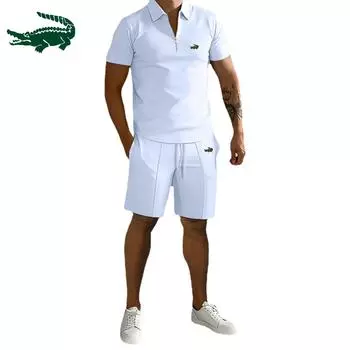 Летние мужские костюмы с вышивкой, футболка с коротким рукавом на молнии с лацканами, комплект из 2 предметов, повседневные шорты с карманами, спортивные костюмы, мужские спортивные комплекты из двух предметов S чёрный