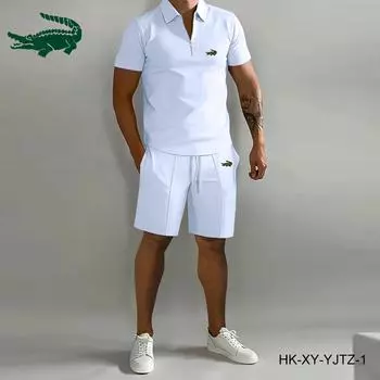 Летние мужские костюмы с вышивкой, футболка с коротким рукавом на молнии с лацканами, комплект из 2 предметов, повседневные шорты с карманами, спортивные костюмы, мужские спортивные комплекты из двух предметов S белый