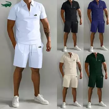 Летние мужские костюмы с вышивкой, футболка с коротким рукавом на молнии с лацканами, комплект из 2 предметов, повседневные шорты с карманами, спортивные костюмы, мужские спортивные комплекты из двух предметов S белый