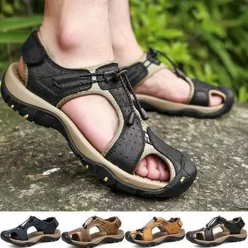 Летние мужские кожаные кожаные сандалии, высококачественные пляжные тапочки, повседневная спортивная обувь, уличная пляжная обувь 38 чёрный