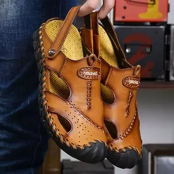 Летние мужские кожаные пляжные сандалии большого размера. Мужские сандалии ручной работы с закрытым носком. 38 чёрный