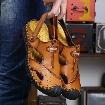 Летние мужские кожаные пляжные сандалии большого размера Мужские сандалии с закрытым носком 38 хаки