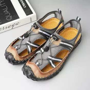 Летние мужские кожаные пляжные сандалии, мужские сандалии с закрытым носком, мужские кожаные сандалии 39 чёрный