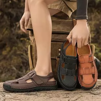 Летние мужские кожаные пляжные сандалии. Мужские сандалии ручной работы с закрытым носком. 39 чёрный