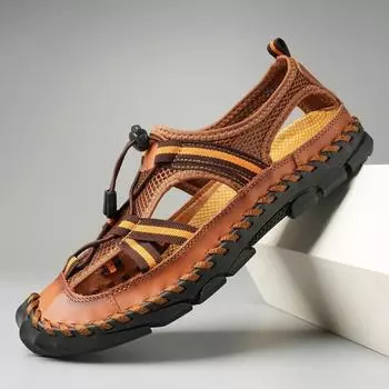 Летние мужские кожаные пляжные сандалии, мужские сандалии с закрытым носком ручной работы 39 чёрный