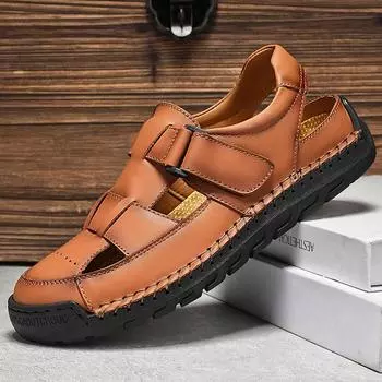 Летние мужские кожаные пляжные сандалии. Мужские сандалии ручной работы с закрытым носком. 39 чёрный