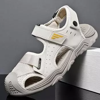 Летние мужские кожаные пляжные сандалии с полым носком, спортивная обувь для активного отдыха, сетчатая обувь ручной работы 39 чёрный