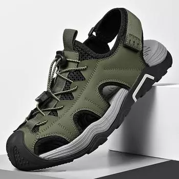 Летние мужские кожаные пляжные сандалии с полым носком, спортивная обувь для активного отдыха, сетчатая обувь ручной работы 39 чёрный