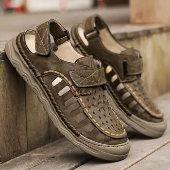 Летние мужские кожаные сандалии, дышащие, открытые, пляжные сандалии, мужская повседневная обувь 39 хаки