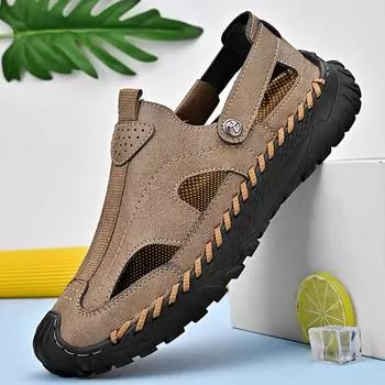 Летние мужские кожаные сандалии Дышащие пляжные сандалии ручной работы 39 коричневый