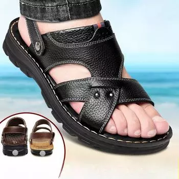 Летние мужские кожаные сандалии из натуральной кожи, нескользящая мужская обувь, тапочки, уличные пляжные туфли на толстой подошве, удобные мягкие мужские сандалии 39 чёрный