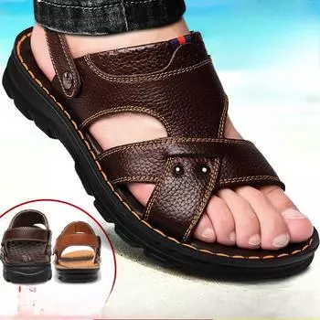 Летние мужские кожаные сандалии из натуральной кожи, нескользящая мужская обувь, тапочки, уличные пляжные туфли на толстой подошве, удобные мягкие мужские сандалии 39 чёрный