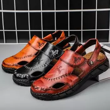 Летние мужские кожаные сандалии, классические римские сандалии, тапочки, уличные кроссовки, пляжные резиновые шлепанцы, мужские сандалии для водного туризма 39 чёрный