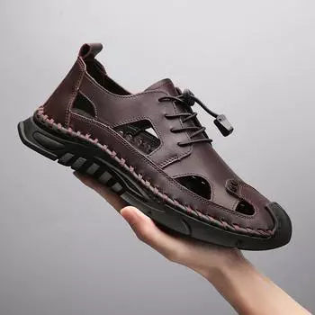 Летние мужские кожаные сандалии, легкие дышащие пляжные сандалии для отдыха на природе, повседневная обувь 39 темно-коричневого