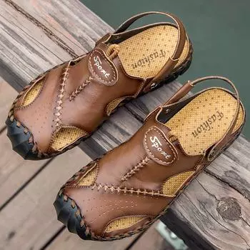 Летние мужские кожаные сандалии. Летняя обувь для отдыха. Мужская пляжная обувь. Удобная мужская обувь. Уличные мужские римские сандалии. Вьетнамки. Шлепанцы. 40 хаки