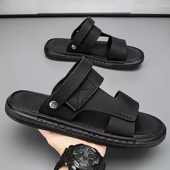 Летние мужские кожаные сандалии. Летняя обувь для отдыха. Мужская пляжная обувь. Удобная мужская обувь. Уличные мужские римские сандалии. Вьетнамки. Шлепанцы. 40 чёрный