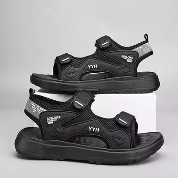 Летние мужские кожаные сандалии. Летняя обувь для отдыха. Мужская пляжная обувь. Удобная мужская обувь. Уличные мужские римские сандалии. Вьетнамки. Шлепанцы. 40 чёрный