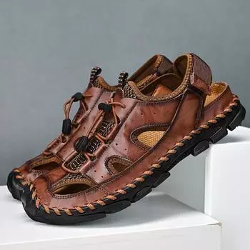 Летние мужские кожаные сандалии Мужские сандалии с закрытым носком Дышащие повседневные кроссовки Сандалии для мужчин Мужские сандалии 39 коричневый/красный