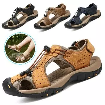 Летние мужские кожаные сандалии, походная уличная пляжная обувь, нескользящие мягкие мужские повседневные спортивные сандалии, забродные кроссовки на платформе 38 хаки