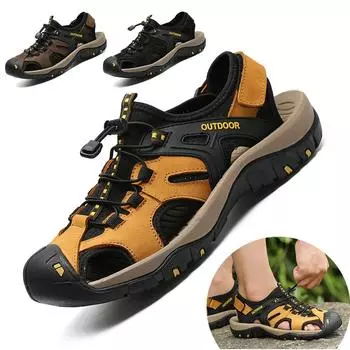 Летние мужские кожаные сандалии, походная уличная пляжная обувь, нескользящие мягкие мужские повседневные спортивные сандалии, забродные кроссовки на платформе, большой размер 38-48 38 чёрный