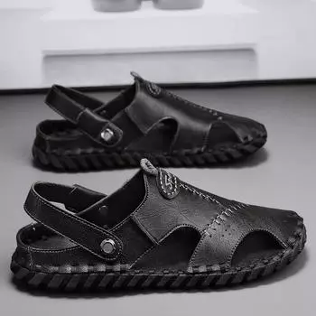 Летние мужские кожаные сандалии ручной работы Trend Baotou Versatile Sandals Men s Shoes 39 чёрный