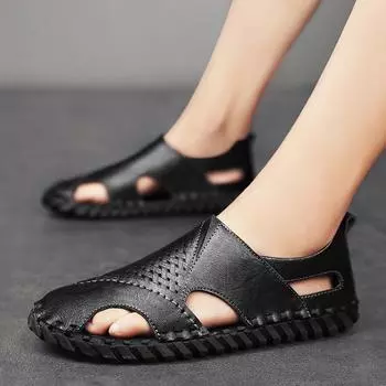Летние мужские кожаные сандалии ручной работы Trend Baotou Versatile Sandals Men s Shoes 39 чёрный
