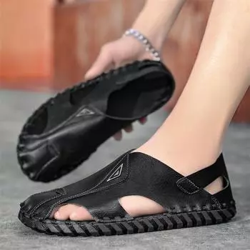 Летние мужские кожаные сандалии ручной работы Trend Baotou Versatile Sandals Men s Shoes 39 чёрный