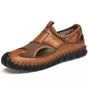 Летние мужские кожаные сандалии с закрытым носком, модные римские сандалии, повседневная обувь из сетки ручной работы, мужские пляжные сандалии на платформе для отдыха на открытом воздухе 39 коричневый