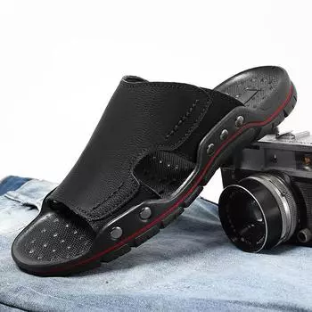 Летние мужские кожаные сандалии тапочки тапочки большого размера 38 чёрный