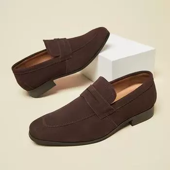 Летние мужские кожаные туфли без застежек в японском стиле, простые, из замши и кожи, деловые, формальные, матовые, британские мокасины 39 чёрный