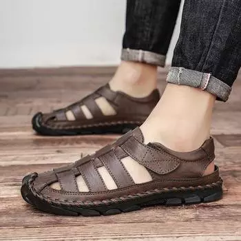 Летние мужские кожаные туфли мужские сандалии ручной работы полые балетки быстросохнущие забродные туфли 39 серый