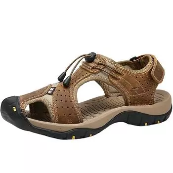 Летние мужские кожаные туфли на плоской подошве, повседневные пляжные туфли, дышащие спортивные сандалии 40 коричневый