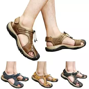 Летние мужские кожаные туфли на плоской подошве, повседневные пляжные туфли, дышащие спортивные сандалии 38 чёрный