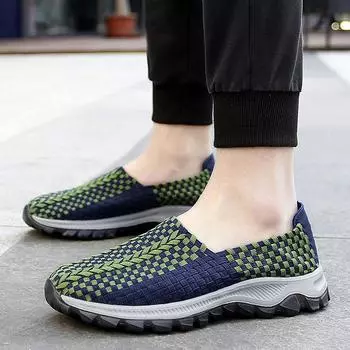 Летние мужские кроссовки Braid Beach Soft Sports Shoes Casual Driving Shoes Moccasins Weave Breathable Pierced Slip on Flats Tennis Sneakers 39 синий