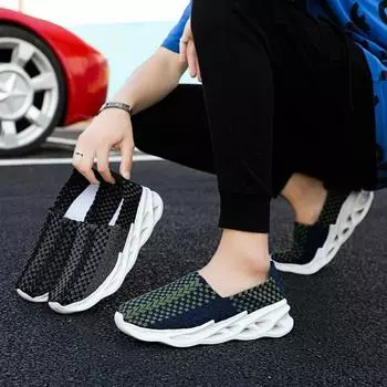 Летние мужские кроссовки Braid Beach Soft Light Weight Sports Shoes Casual Driving Shoes Moccasins Weave Breathable Slip on Sneakers 39 синий