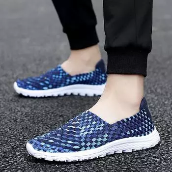 Летние мужские кроссовки, черные, плетеные, пляжные, мягкие, легкие, спортивные туфли, повседневные, тканые, дышащие, без застежек, для папы 38 чёрный