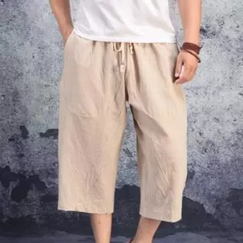 Летние мужские льняные брюки, мужские широкие брюки, мужские брюки с заниженным шаговым швом, хип-хоп, мужские джоггеры, брюки длиной до икр, спортивные брюки в китайском стиле M белый