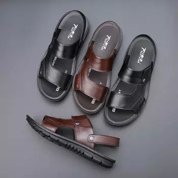 Летние мужские модные кожаные сандалии большого размера с мягкой подошвой, удобные повседневные сандалии и тапочки, пляжная обувь 38 чёрный