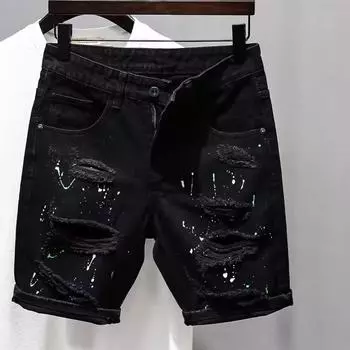 Летние мужские наклейки с черной дырой, тонкие джинсовые шорты, корейская мода, леггинсы в стиле хип-хоп, Harajuku, модные мужские черные джинсы, шорты 28 чёрный