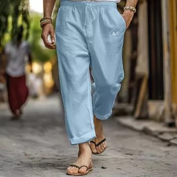 Летние мужские однотонные льняные прямые повседневные брюки больших размеров, дышащие, удобные, со шнурком, свободные брюки S чёрный