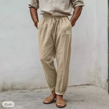 Летние мужские однотонные льняные прямые повседневные брюки больших размеров, дышащие, удобные, со шнурком, свободные брюки S тёмно-синий