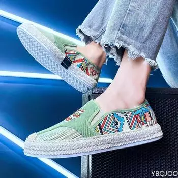 Летние мужские парусиновые туфли Ice Silk Mesh Shoe Lazy Shoes Повседневная обувь Slip-on Hemp Shoes Граффити Эспадрильи Мужская обувь Плоские туфли Новые 39 чёрный