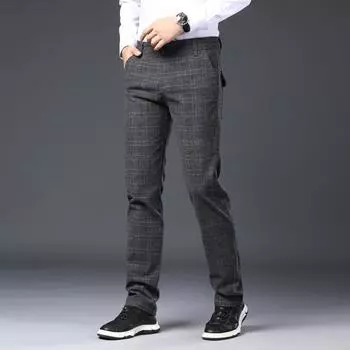 Летние мужские повседневные брюки из хлопка и льна с начесом, молодежная мода, корейская версия, маленькие прямые брюки в клетку 28 серый