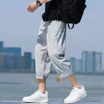 Летние мужские повседневные брюки из тонкого однотонного шелка Ice Silk, укороченные брюки, модные уличные спортивные штаны в стиле хип-хоп, мужские свободные брюки XXXXXL чёрный