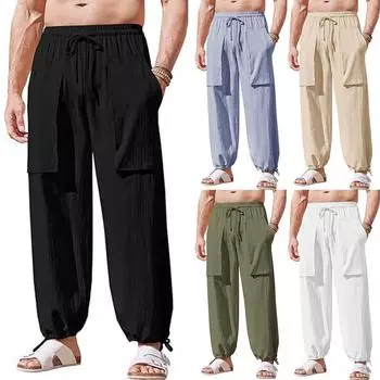 Летние мужские повседневные брюки-карго с несколькими карманами, большого размера, свободные брюки из хлопка и пеньки на шнурке M хаки