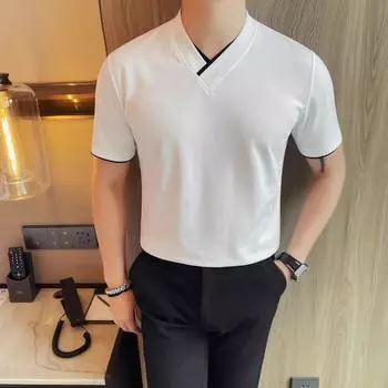 Летние мужские повседневные футболки с коротким рукавом, хлопковые, с V-образным вырезом, однотонные, модные, облегающие футболки, мужские молодежные футболки Vitality, топы XXL красный