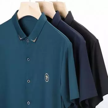 Летние мужские повседневные однотонные рубашки с короткими рукавами и лацканами с принтом для молодежи и людей среднего возраста. Модные тонкие мужские рубашки. Тренд. M