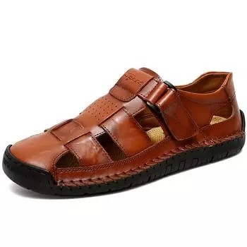 Летние мужские повседневные сандалии с закрытым носком, большие размеры, повседневные сандалии ручной работы из натуральной кожи, дышащие повседневные кроссовки, сандалии для мужчин 39 коричневый/красный