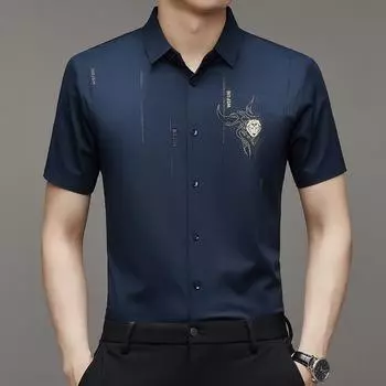 Летние мужские рубашки деловые не требующие глажки корейский стиль повседневный воротник поло модная брендовая рубашка покрой короткий рукав M