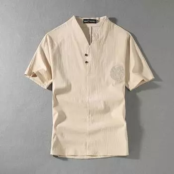 Летние мужские рубашки Мужская традиционная китайская одежда Топы с короткими рукавами Мужские льняные рубашки Летние повседневные рубашки с коротким рукавом большого размера Большой размер Большой V-образный вырез 9XL бежевый